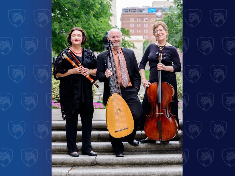 Woman, man, and a woman holding musical instruments